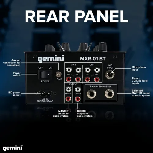 Vista 8 de Gemini - Mezclador de DJ de 2 canales con Bluetooth, ecualizador de micrófono, control de curva Crossfader, construcción de metal resistente