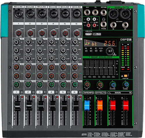 Depusheng PA6 Mezclador de audio profesional para DJ de 6 canales con 256 tipos de efectos DPS incorporados, soporte para alimentación fantasma de