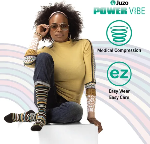 Vista 3 de Juzo Power Vibe Calcetines de compresión prémium para hombres y mujeres, 15-20 mmHg, Groovy Zebra, M
