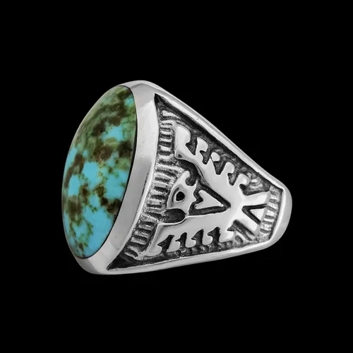 Vista 4 de Size 12-925 Sterling Silver Oval Sierra Nevada Turquoise Cabochon Ring, Southwestern Thunderbird Design, Statement High Polish Gemstone Band
