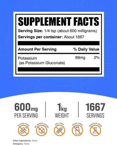 Vista 2 de BulkSupplements. com Polvo de gluconato de potasio - para apoyo a la hidratación, suplemento mineral, potasio 99 mg - Sin gluten, 600 mg por