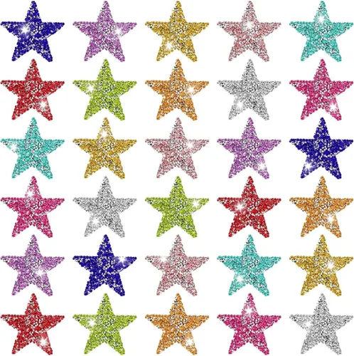 Vista 13 de 24 parches de estrellas doradas, parches para planchar con estrella con purpurina, apliques adhesivos, estrellas de diamantes de imitación