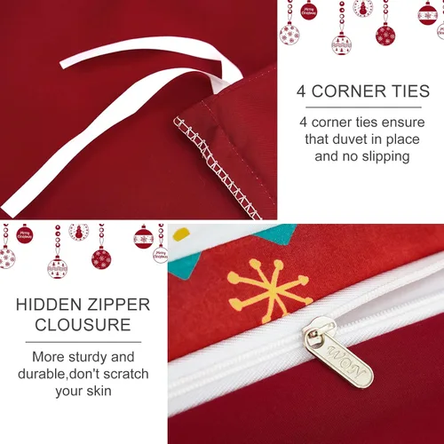 Vista 4 de Xruibed Juego de funda de edredón de Navidad, tamaño Queen, diseño de alces de Navidad, color rojo, a rayas, de 3 piezas, con 2 fundas de almohada