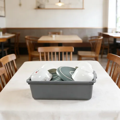 Vista 4 de Caja de autobús comercial de plástico de 8 L, 4 paquetes, bañera de autobús para lavabo, bolsa pequeña para uso general, gris