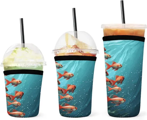 Fish Aquarium 3 Pack Reusable Iced Coffee Sleeve, Neoprene Drink Sleeve, Cup Sleeve For Hot And Cold Coffee Or Ice Drink Coffee