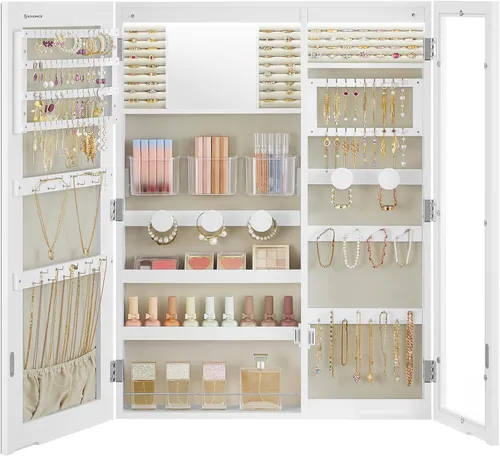 SONGMICS Armario LED para joyas, espejo con almacenamiento de joyas, ventana de cristal, montaje en puerta de pared, 3.9 x 23.6 x 31.5 pulgadas,