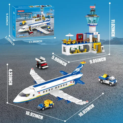 Vista 8 de WinGift Juego de 886 piezas de terminal de pasajeros del aeropuerto de la ciudad, juguete de bloques de construcción de aviones 6 en 1, ladrillos
