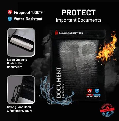 Vista 3 de Secure My Legacy - Bolsa ignífuga: bolsas impermeables e ignífugas para documentos, soporte para documentos con almacenamiento resistente al fuego