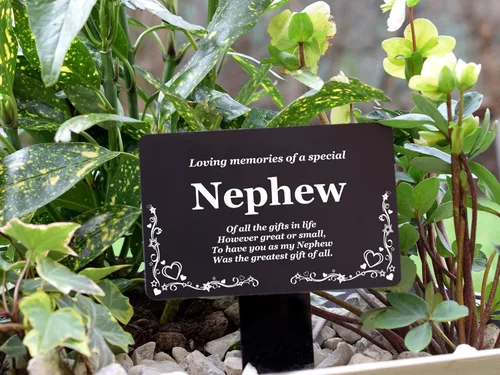 Vista 2 de Origin Estaca conmemorativa de sobrino, grabada con poema (placa dorada/plata, cobre o negro y blanco) activa (negro)