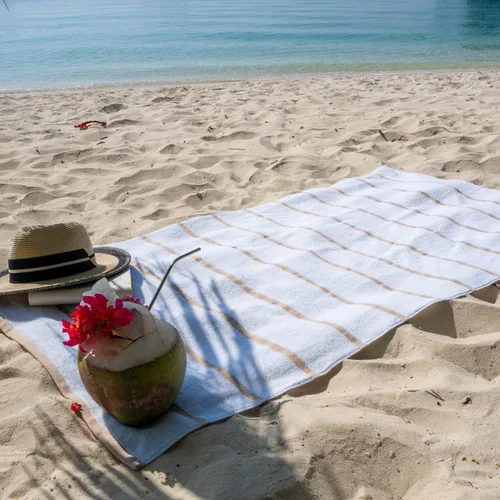 Vista 6 de Arkwright - Juego de 4 toallas de playa a rayas Las Rayas - Juego de 4 toallas de rizo de algodón blanco de felpa suave de secado rápido