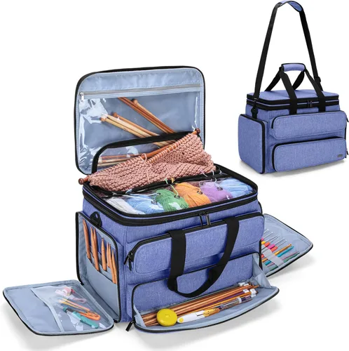 Vista 12 de Yarwo Bolsa de hilo para tejer, bolsa de almacenamiento portátil de ganchillo con doble cubierta superior y agujeros de hilo para agujas de tejer