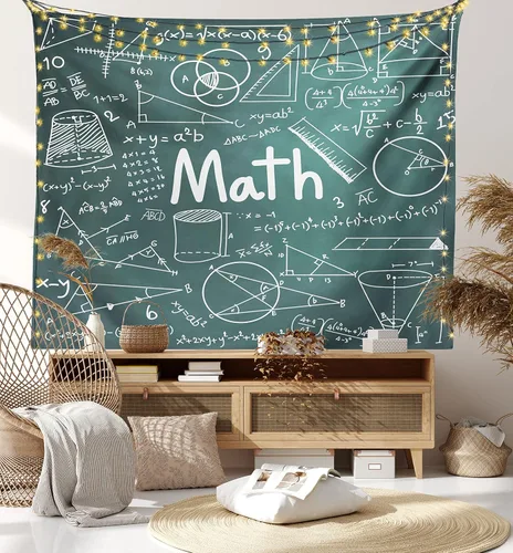 Vista 8 de Lunarable Tapiz de sala de matemáticas, tablero lleno de dibujos, fórmulas, formas, teoría, lecciones matemáticas, decoración para colgar