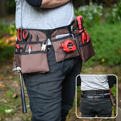 Vista 6 de 19 Pocket Brown and Black Heavy Duty Construction Tool Belt, Work Apron, Tool Pouch, with Poly Web Belt Quick Release Buckle - Adjusts from 33
