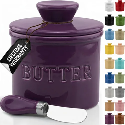 Vista 31 de Priority Chef Recipiente para Mantequilla con Tapa y Línea de Agua, Plato Francés de Cerámica para Mantequilla para Dejar en la Encimera, Gris Claro