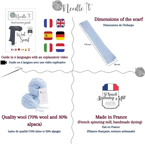 Vista 2 de Needle It® - Kit completo de tejido para principiantes con agujas de tejer - Bufanda de lana para tejer - Idea de regalo (azul bebé)