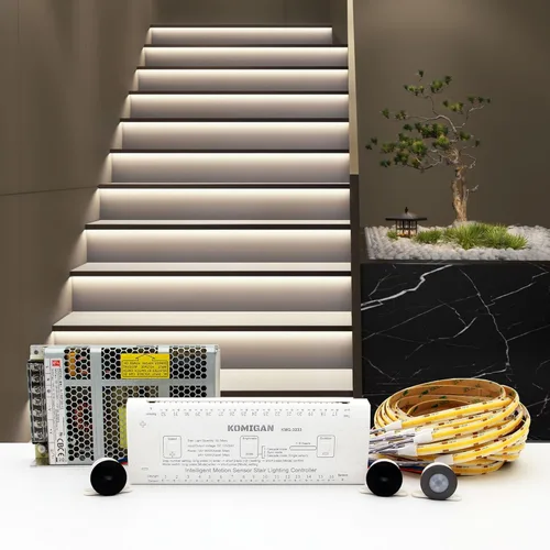 Vista 8 de Kit de iluminación LED para escaleras con sensor de movimiento inteligente KMG-3233, tira de luz LED cortable de 40" para luces de escalera LED