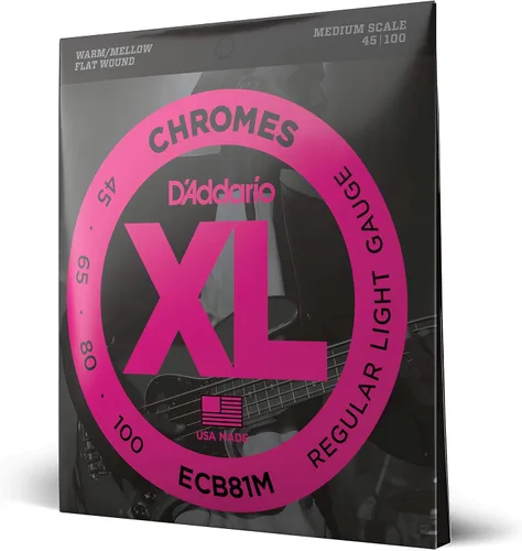 D'Addario XL Chromes Cuerdas de Guitarra Bajo con Entorchado Plano - ECB81M - Escala Media - Regular Ligero, 45-100