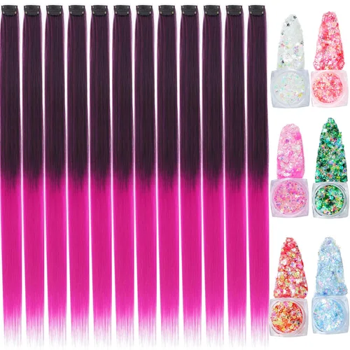 Vista 22 de Extensiones de cabello de colores, extensión de cabello liso con clip de 22 pulgadas, extensiones de cabello con brillantina multicolor arcoíris