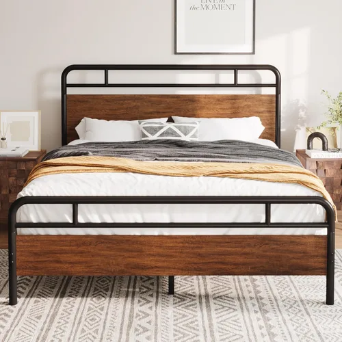 Allewie Base de cama de plataforma de tamaño matrimonial con cabecera y estribo de madera, soporte de 13 listones de metal resistente,