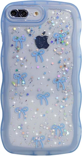 Vista 135 de Qokey para iPhone 14 Plus Funda de 6.7" con diseño de borde ondulado rizado, transparente, con purpurina, brillo, estrellas, brillante, lindo
