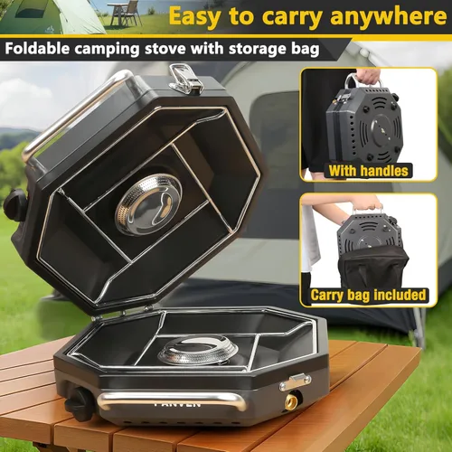 Vista 4 de Estufa de campamento de propano de 2 quemadores, estufa de campamento de propano de 20,000 BTU, estufa de gas portátil con parabrisas, bolsa