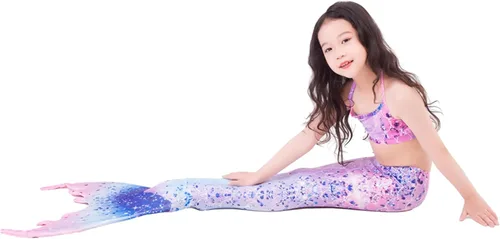 Vista 4 de Traje de baño de princesa con cola de sirena para nadar, traje de baño de 6 piezas, Rosado