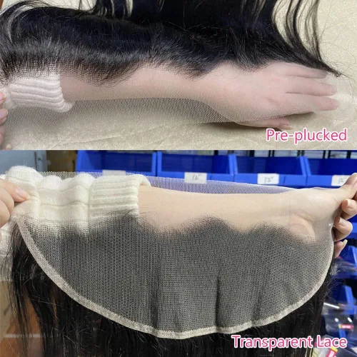 Vista 5 de Cierre frontal de encaje HD 13x4 de oreja a oreja recto transparente encaje frontal cierre de cabello humano pre arrancado con pelo de bebé 100% sin