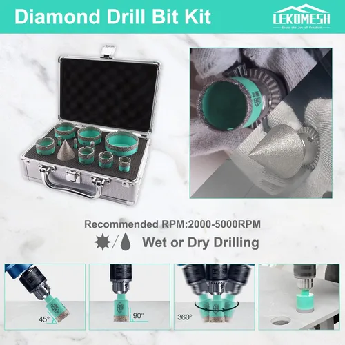 Vista 3 de Juego de brocas de núcleo de diamante, 11 piezas, kit de sierra de agujero para azulejos, vástago triangular