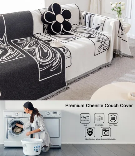 Vista 5 de Funda de sofá bohemia de chenilla, suave, apta para mascotas, protector de muebles multiusos con borlas, lavable para sofá de 3 cojines