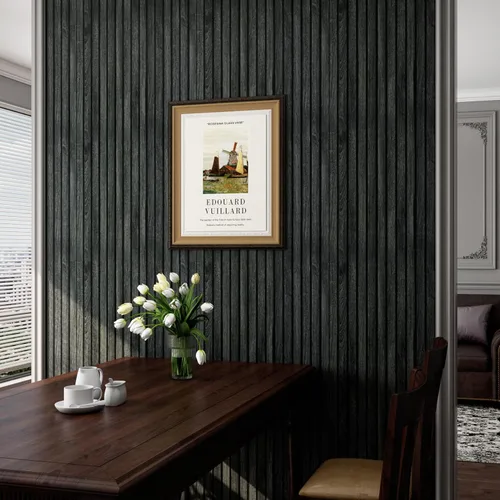 Vista 2 de LACHEERY Panel de Pared de Listones de Madera Negra de 160 X 24 Pulgadas Papel Tapiz Despegar y Pegar Panel de Madera 3D Papel Tapiz Despegar