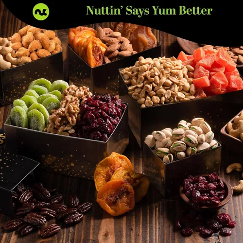 Vista 4 de Cesta de regalo de frutas secas y frutos secos mixtos, torre negra + cinta (12 surtidos), plato de arreglo para el día de San Valentín, ramo