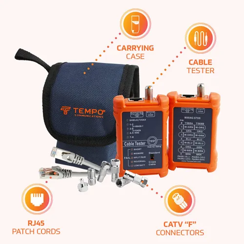 Vista 7 de TEMPO Communications PA1594 Probador de cable de red Probador de continuidad de cables LAN y AV Cables coaxiales RJ45, UTP, STP de 8 vías
