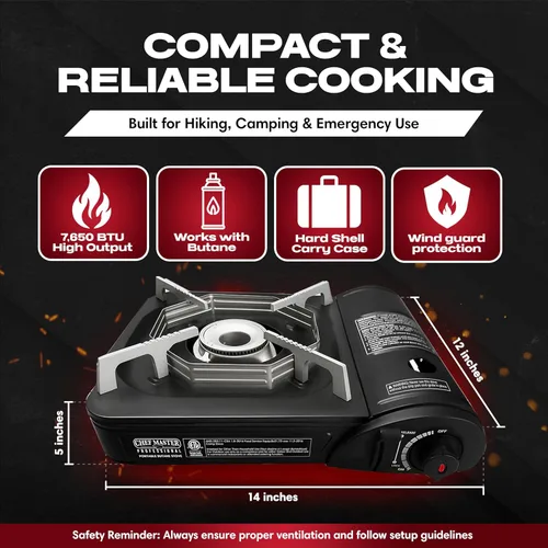 Vista 2 de Chef Master 90027 - Estufa portátil de butano para campamento, protector de viento de encendido piezoeléctrico de 7,650 BTU, quemador de estufa