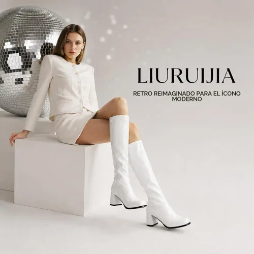 Vista 4 de LIURUIJIA Botas Gogo de mujer, hasta la rodilla, tacón ancho, punta cuadrada, estilo años 60 y 70, botas de disfraz de discoteca Blanco