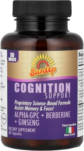 SunUp Cápsulas de apoyo cognitivo, 30 dosis, alfa-GPC, berberina, ginseng, glicina, suplemento para la salud cerebral