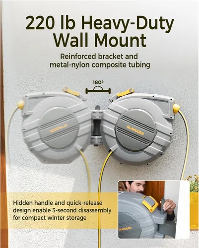 Vista 7 de GLAHODEN Carrete de manguera de jardín retráctil de 5/8 pulgadas x 100 pies, resistente a los rayos UV, resistente, carrete de manguera automático