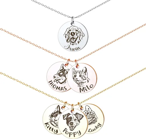 Anavia Collar personalizado de retrato de mascota, regalo de joyería conmemorativa hecho a mano, collar grabado con foto de disco redondo