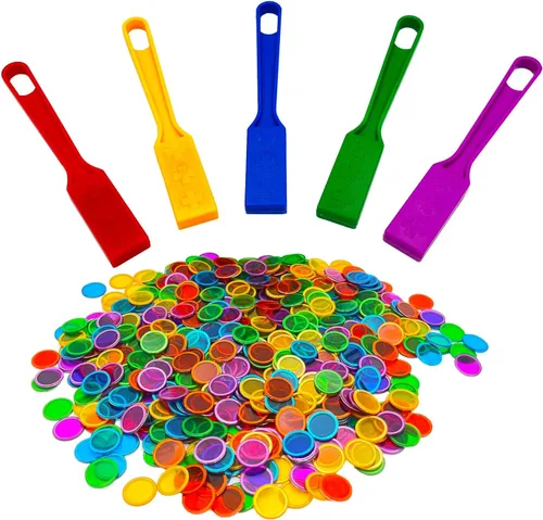 JUNWRROW Varita magnética de bingo con fichas, 5 paquetes y 500 chips de metal, 5 chips de metal de color para juegos en grupo grande, noche de