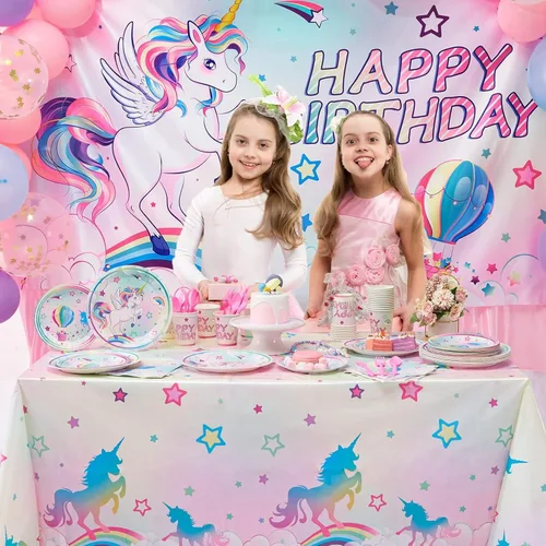 Vista 7 de WERNNSAI 2 manteles de unicornio – Decoración de cumpleaños de unicornio, mantel de arco iris, decoración de mesa de arco iris para niños y niñas