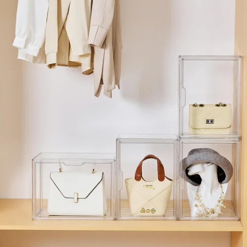 Vista 5 de vitrina de acrílico transparente, contenedores de almacenamiento de plástico apilables con tapa de atracción magnética, escaparate para cosméticos