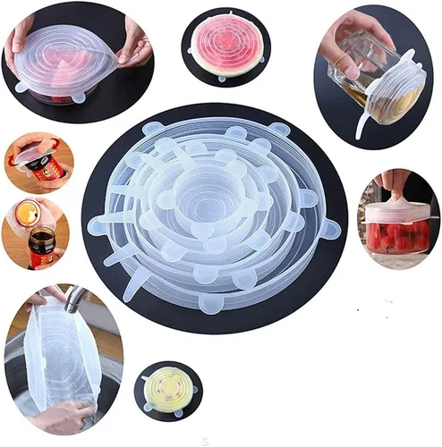 Vista 5 de Juego de 12 tapas elásticas de silicona, 6 tamaños, fundas reutilizables para almacenamiento de alimentos, cubiertas de silicona para tazones