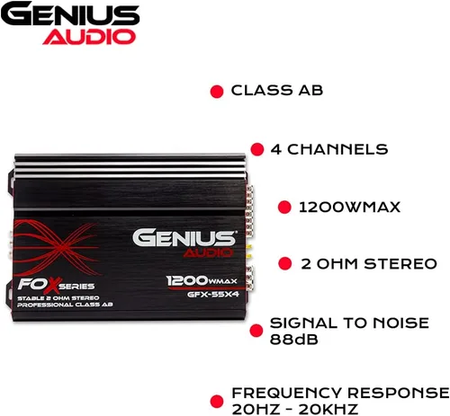 Vista 2 de Genius Audio GFX-55X4 Amplificador de coche de rango completo multicanal 1200 vatios Clase máxima AB de 2 ohmios estable con sistema de protección