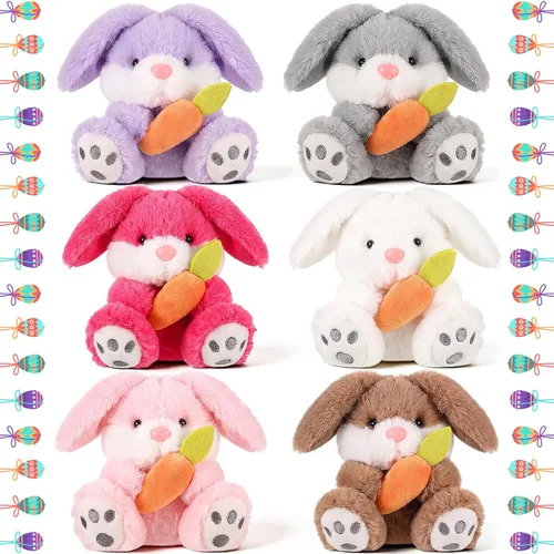Simgoing Paquete de 6 conejitos de peluche de Pascua de 5.3 pulgadas, conejo de orejas sentado con zanahoria, suave y encantador para niños, bebés,
