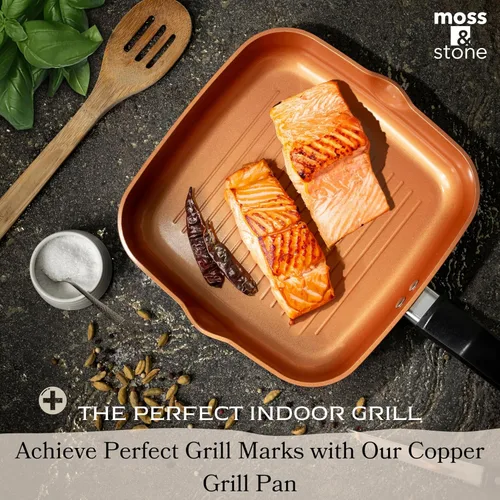 Vista 5 de Moss & Stone Sartén Cuadrada para Parrilla para Cocinar en Interiores, Sartén de Freír de 9.5 Pulgadas de Cobre Antiadherente para Saltear y Freír