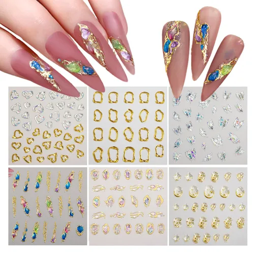 SILPECWEE 6 hojas de calcomanías de arte de uñas en relieve dorado 5D, marco geométrico irregular, diseño de calcomanías huecas para uñas,