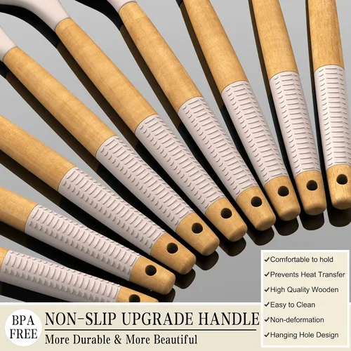 Vista 2 de Umite Chef - Juego de 33 utensilios de cocina de silicona, resistentes al calor, con soporte, mango de madera, espátula para utensilios de cocina