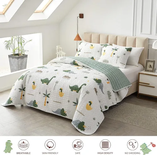 Vista 2 de Joyreap Juego de edredón de algodón de 2 piezas, tamaño individual, diseño de dinosaurio color verde para niños y niñas, funda de edredón suave