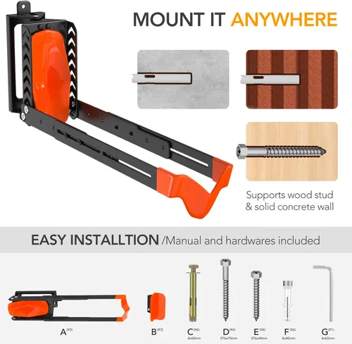 Vista 5 de Paquete de 3 soportes giratorios de pared para bicicleta, colgadores de bicicleta para garaje, soporte vertical para bicicleta que ahorra espacio