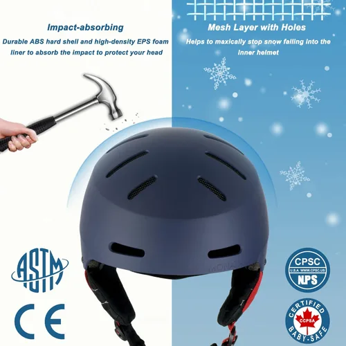 Vista 2 de MONATA Casco de esquí de snowboard, ajuste con esfera, compatible con gafas, almohadillas para los oídos, casco con doble certificación para hombres
