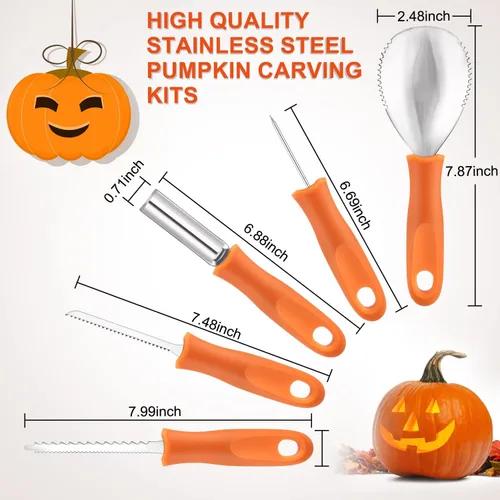 Vista 4 de CHRYZTAL Kit de tallado de calabaza para Halloween, 13 piezas, juego profesional de tallado resistente, acero inoxidable de doble cara, kit